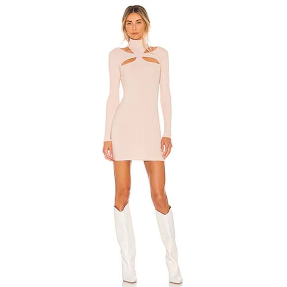 H:ours Alyson Cut Out Mini Bodycon Dress XS Beige Long Sleeve Stretch Coquette - Picture 1 of 10